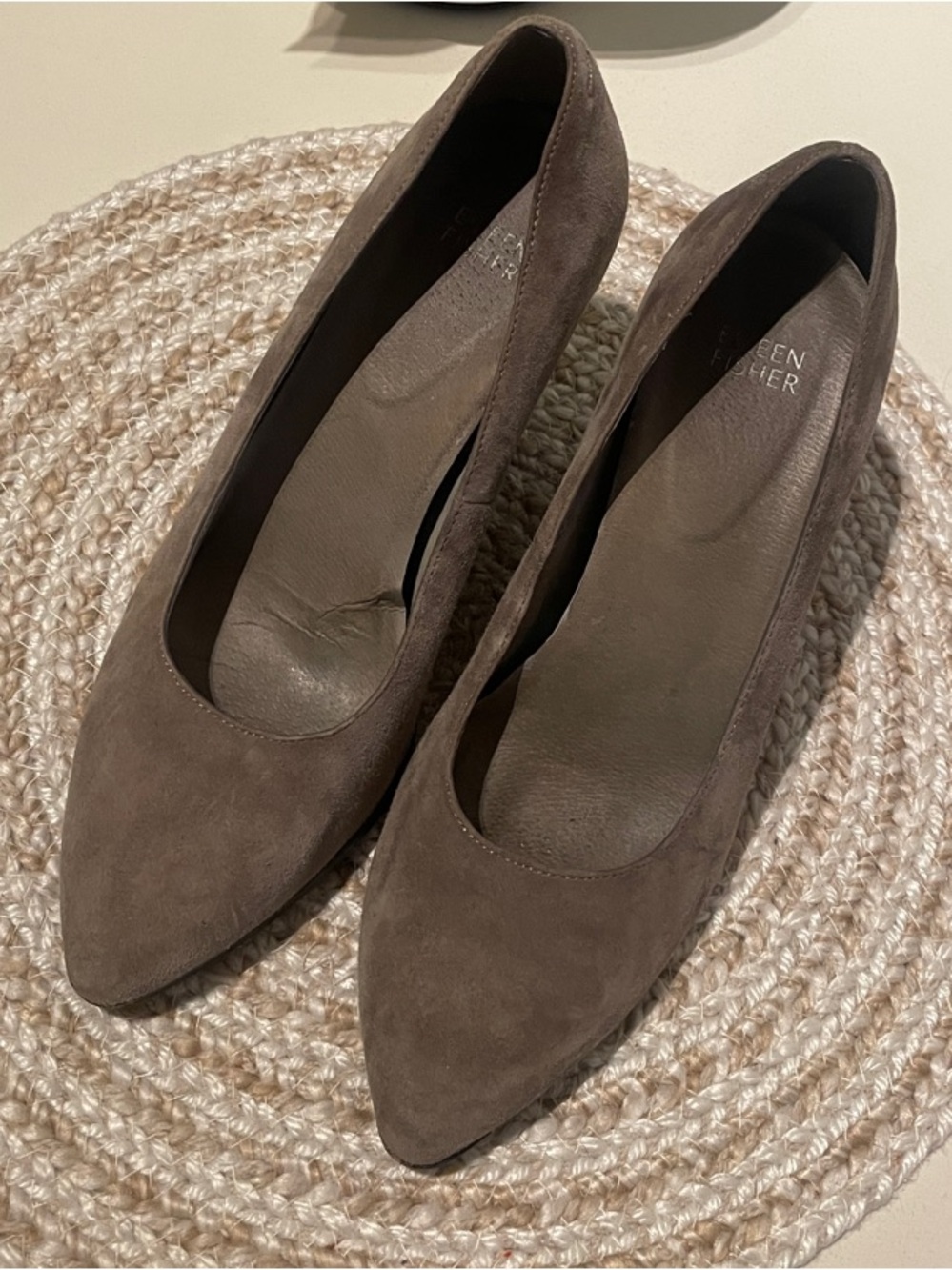 Eileen Fisher Pointed-Toe Suede Pumps in Taupe Brown